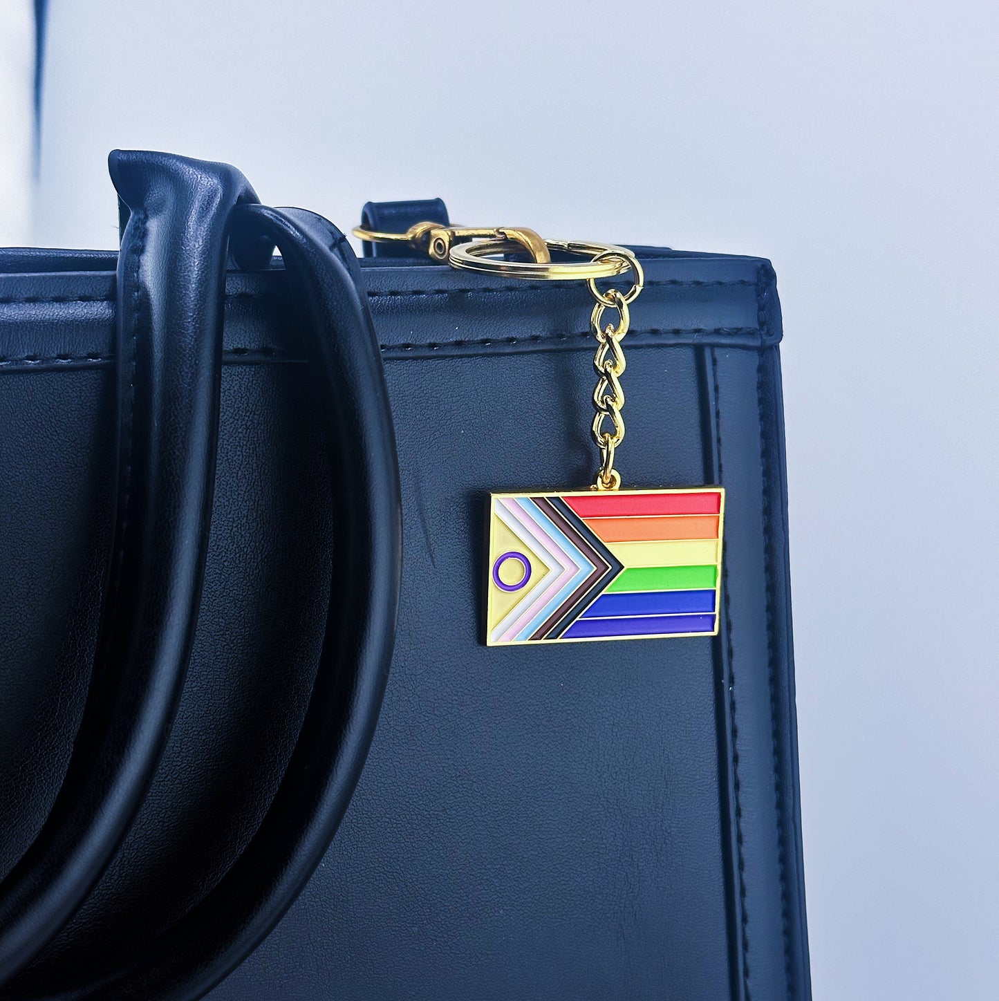 New Progressive Flag of rainbow pattern hung on a hand bag
