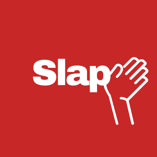 Red background, White text written Slap in the middle witha drawing of hand at the end