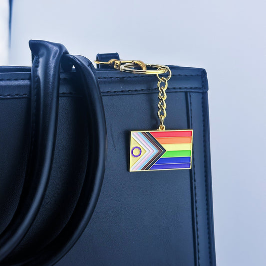 New Progressive Flag of rainbow pattern hung on a hand bag
