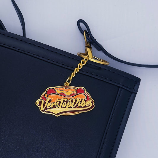 A hot dog on the background and Vers top vibes written in the middle on a bag